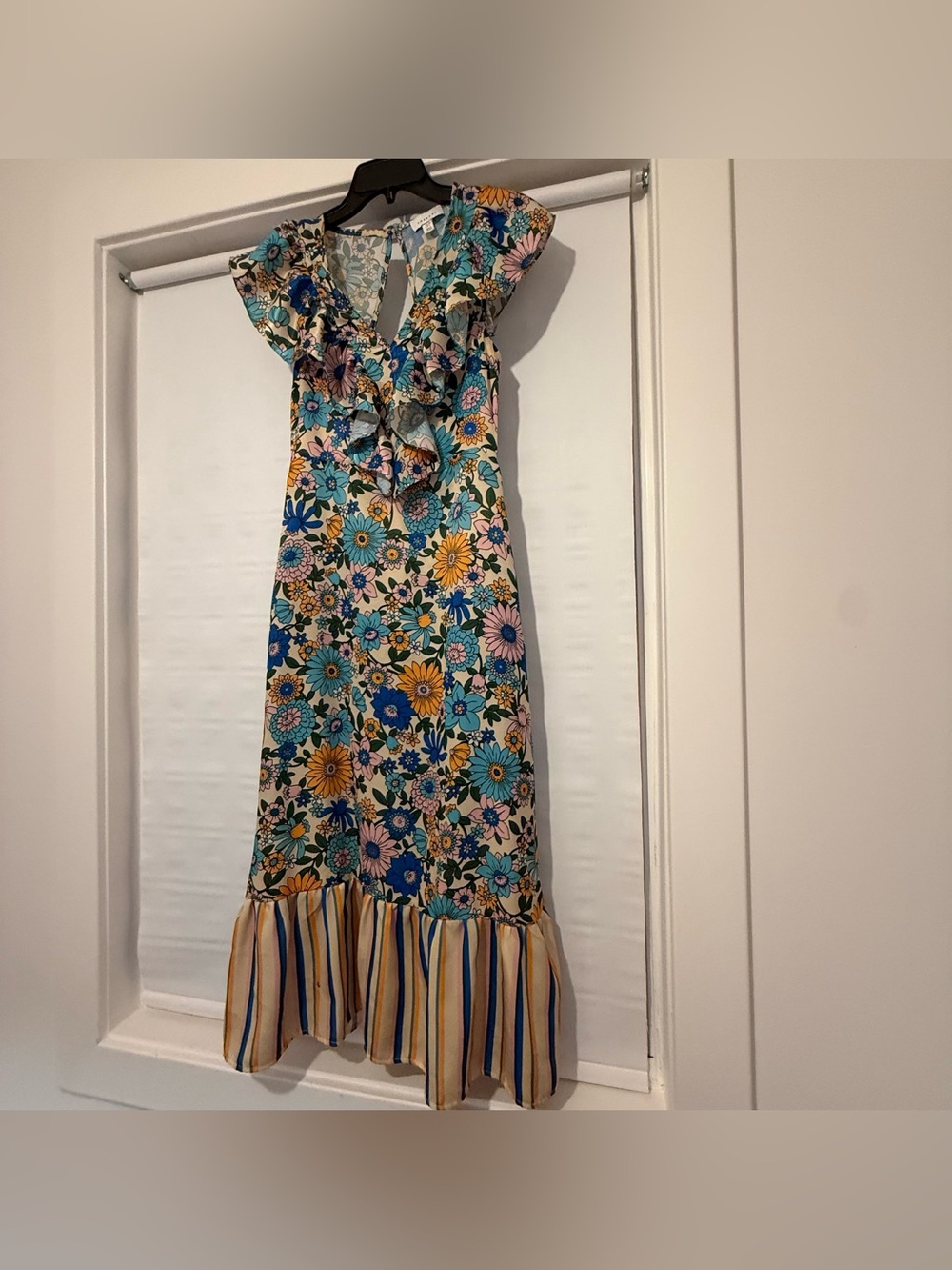Topshop Floral Ruffle Maxi Dress in Teal, Blue and Yellow